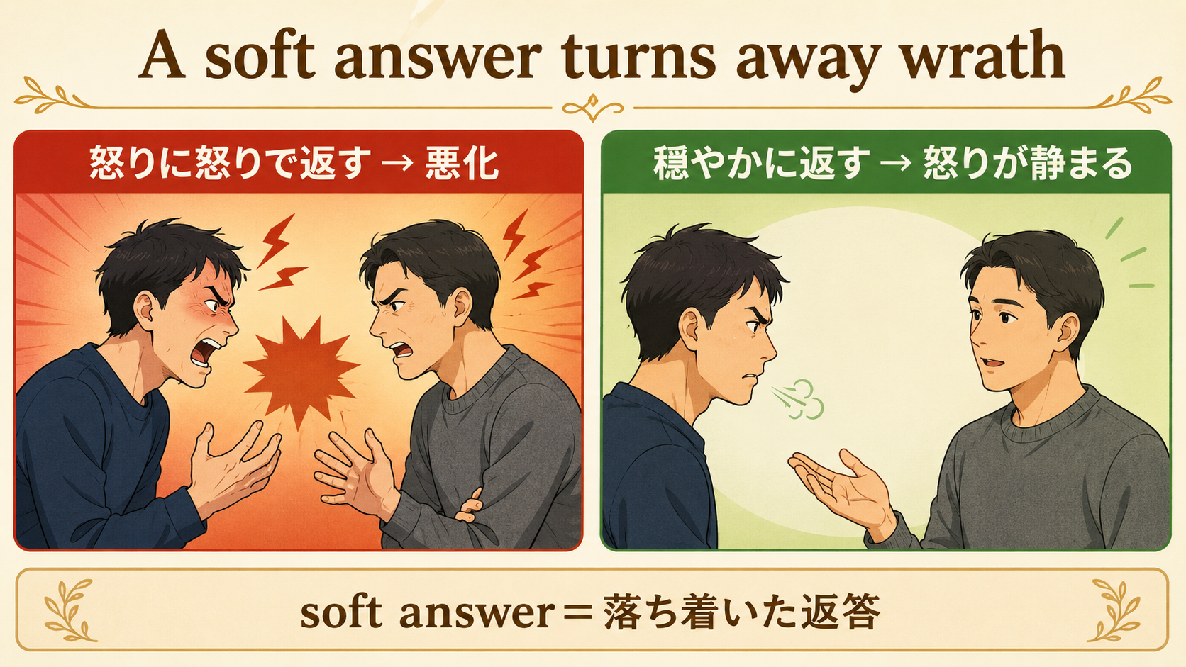 穏やかな返答が怒りをそらすことを示す図