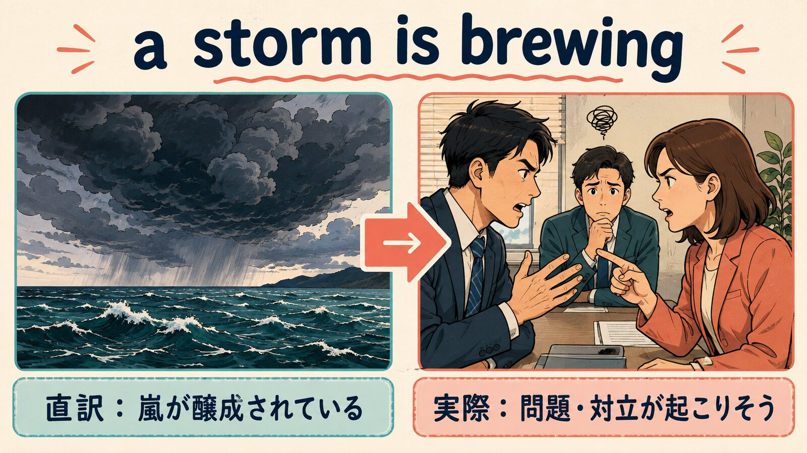 a storm is brewingの直訳と実際の意味を比較する解説イラスト