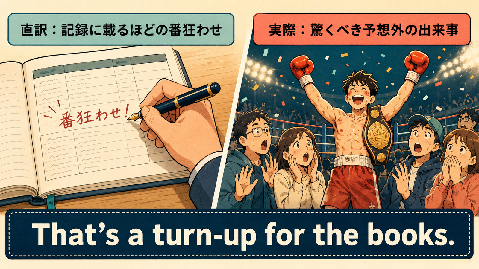 a turn-up for the booksの直訳と実際の意味を比較するイラスト
