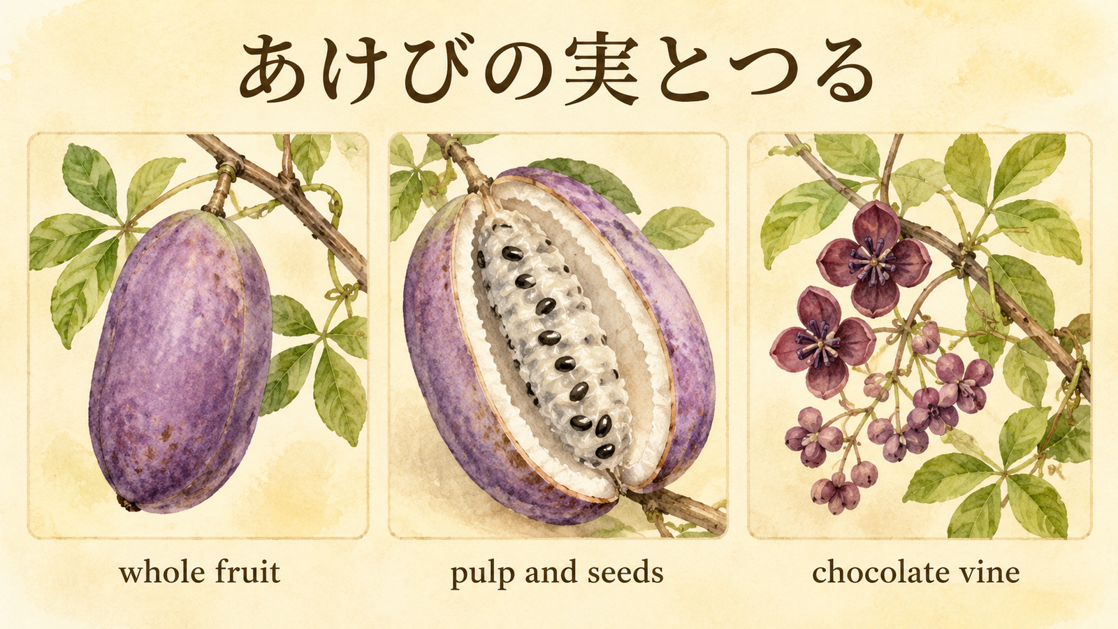 あけびと似た食材の英語名を比較した解説イラスト