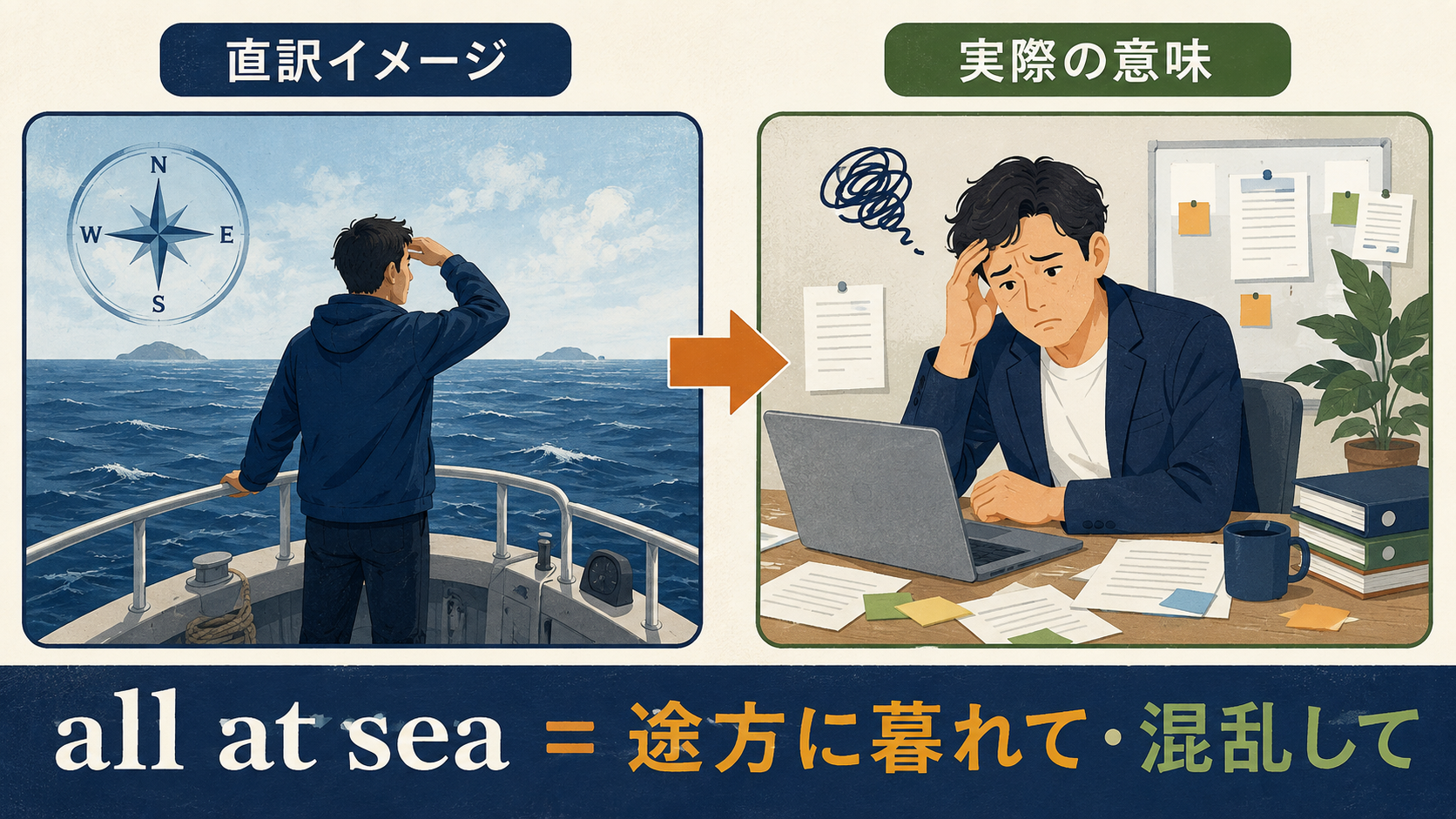 all at seaの直訳イメージと実際の意味を比較したイラスト