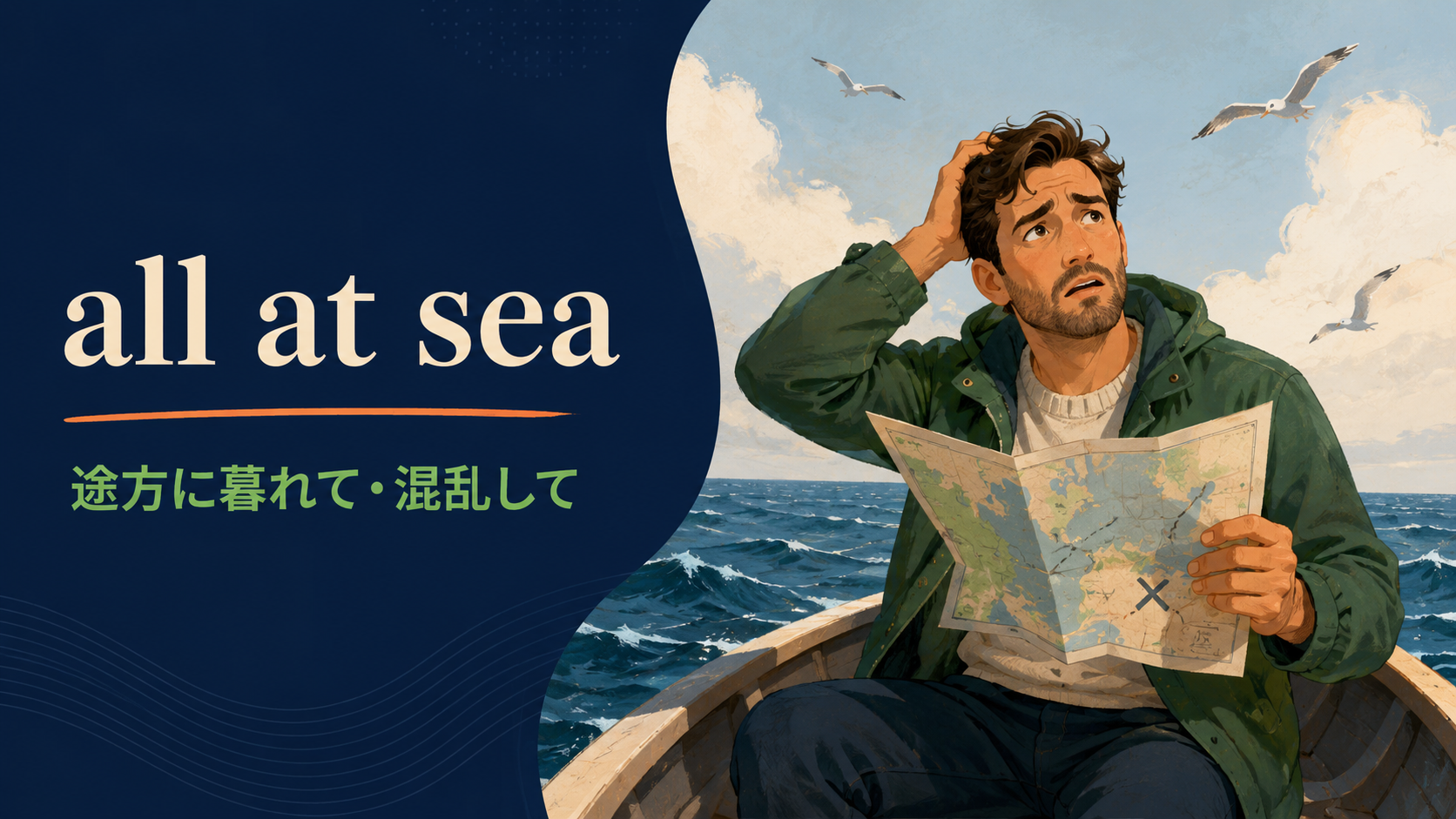 all at seaの意味と使い方を解説するアイキャッチ画像
