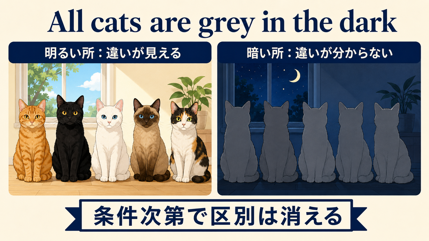 明るい場所と暗い場所で猫の違いの見え方を比較した図
