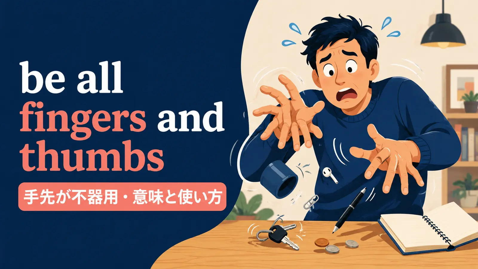 be all fingers and thumbsの意味・使い方｜ニュアンスと例文、似た表現との違い
