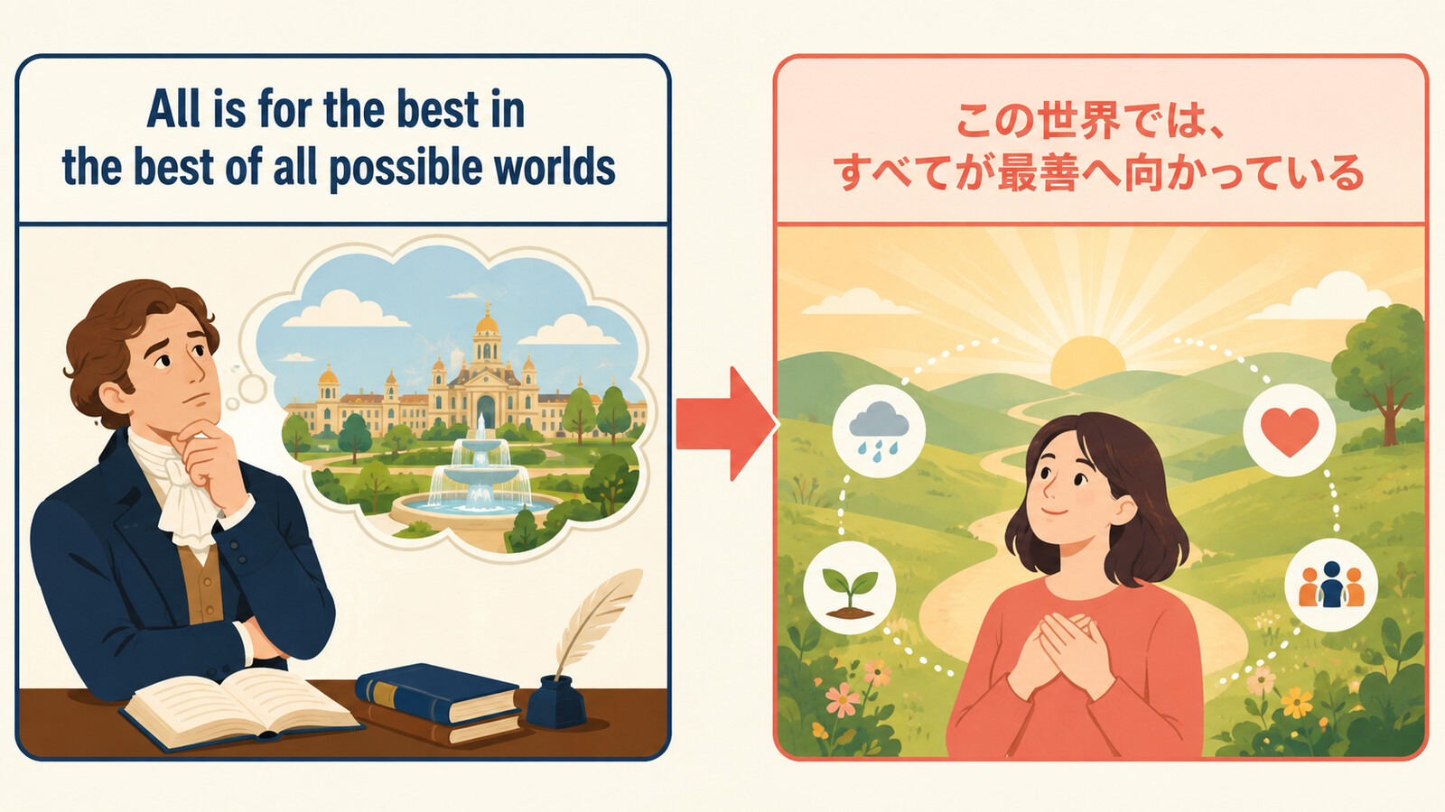 All is for the best in the best of all possible worldsの直訳イメージと実際の意味を比較した解説