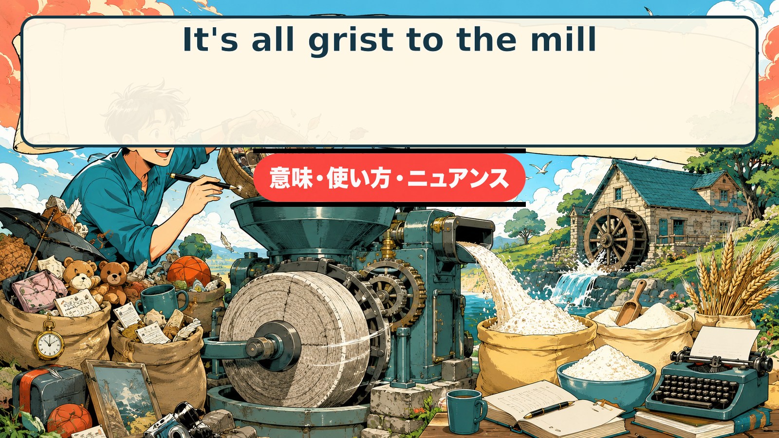It's all grist to the mill.の意味・使い方を製粉所で示すアイキャッチ