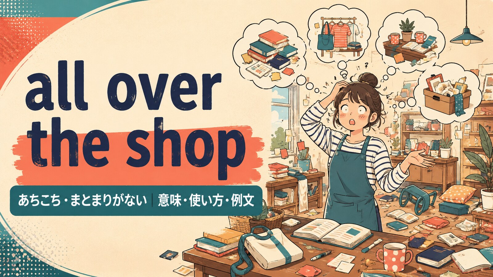 all over the shopの意味・使い方・例文を紹介するアイキャッチ画像