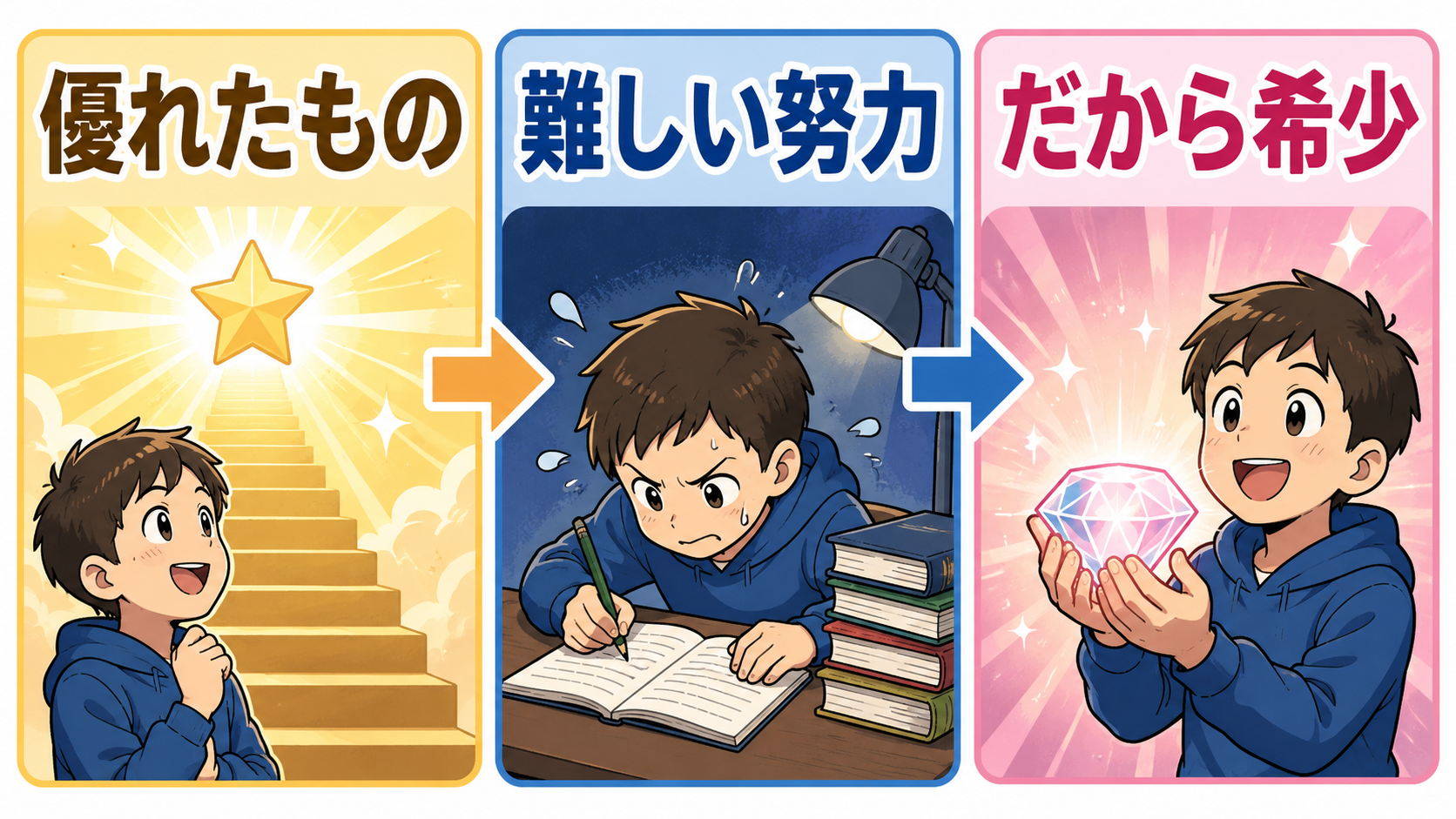 All things excellent are as difficult as they are rareの直訳・比喩・実際の意味を比較する解説イラスト