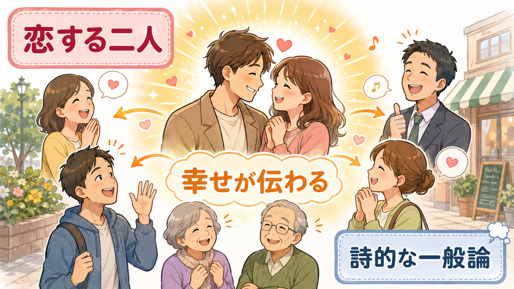 All the world loves a loverの直訳・比喩・実際の意味を比較する解説イラスト