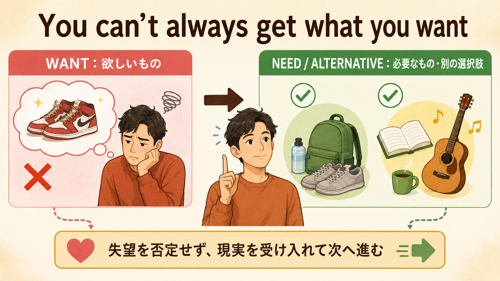 You can’t always get what you wantの直訳・実際の意味・注意点を示す解説図