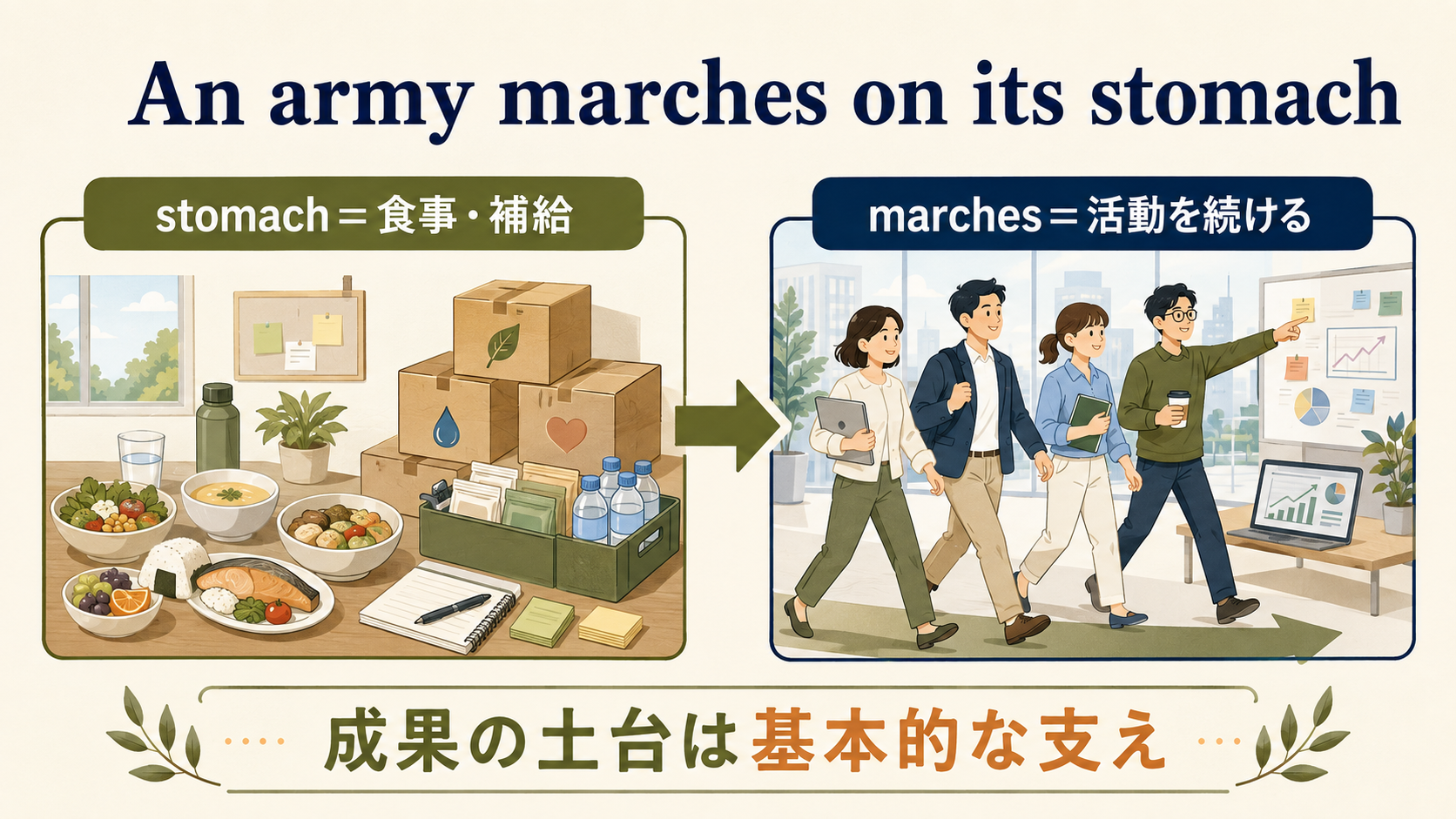 食事や補給が活動を続ける土台になることを示す図