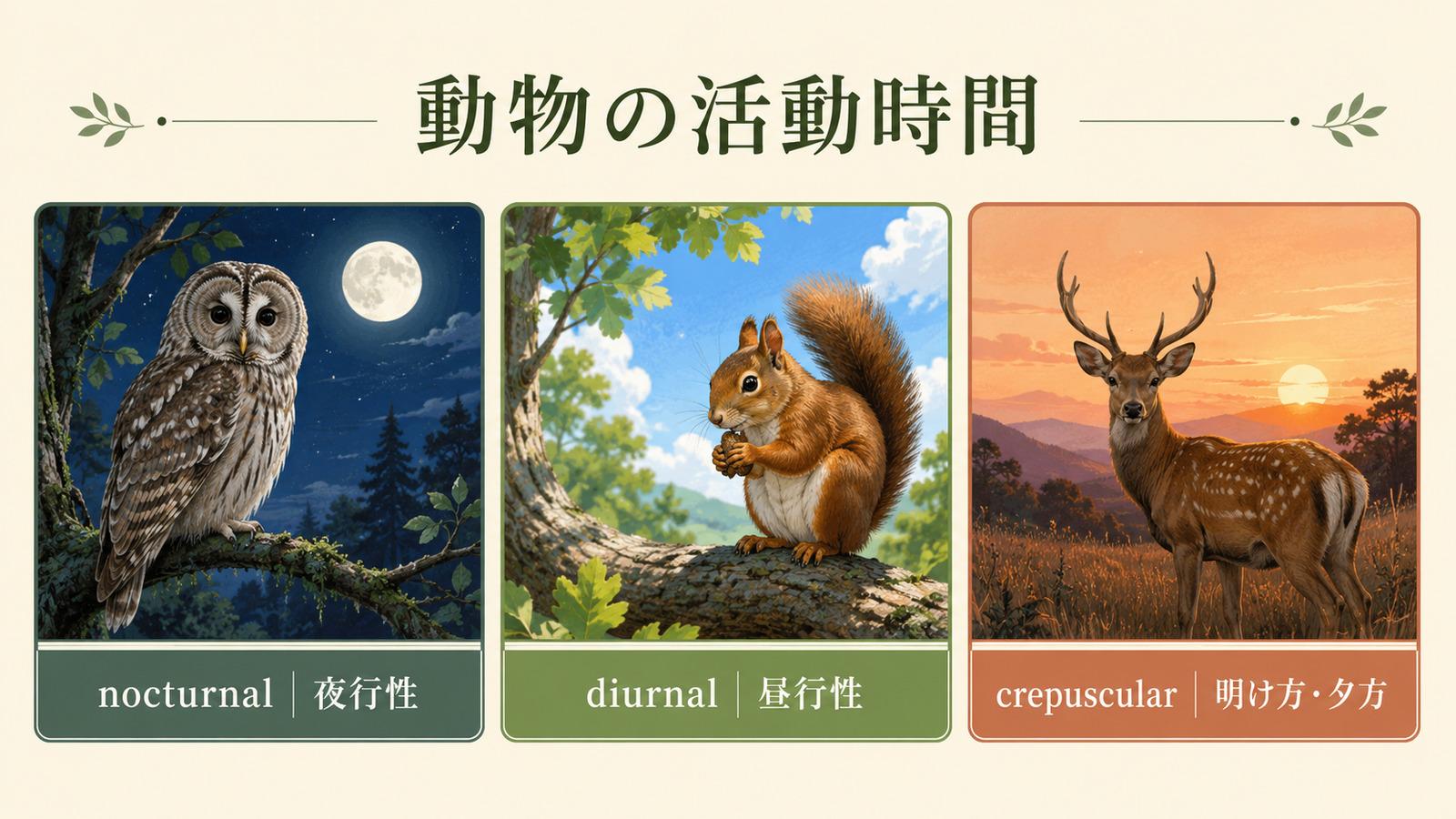 nocturnal・diurnal・crepuscularの違い