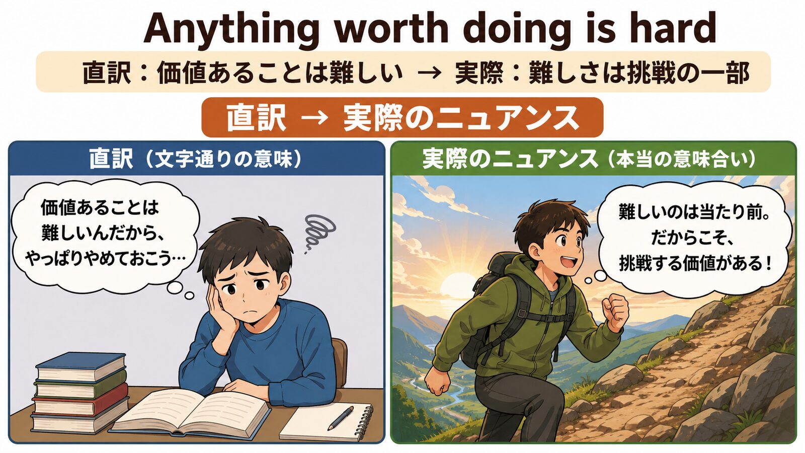 Anything worth doing is hardの直訳と実際のニュアンスを説明する図