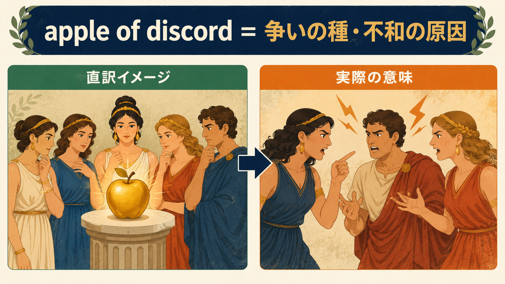 apple of discordの直訳イメージと実際の意味を比較したイラスト
