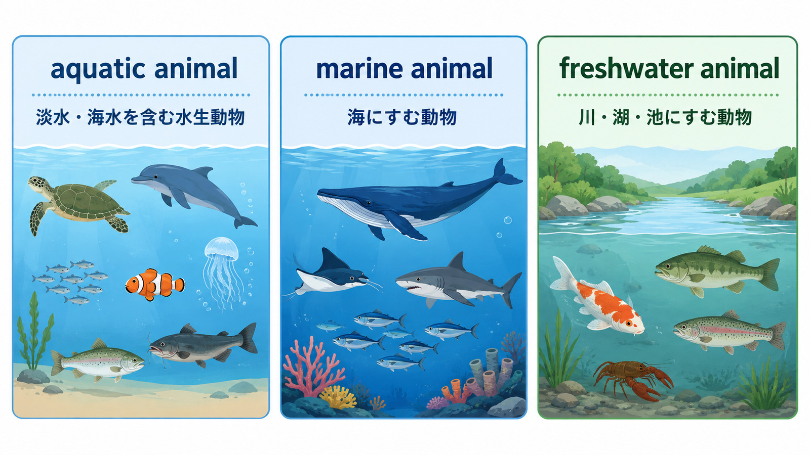 aquatic animal・marine animal・freshwater animalの違い