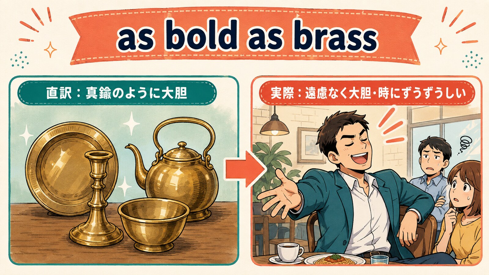 as bold as brassの直訳と実際の意味を比較する解説イラスト