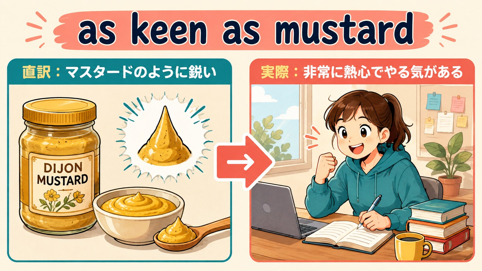 as keen as mustardの直訳と実際の意味を比較する解説イラスト