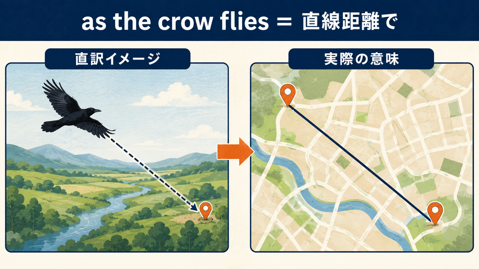 as the crow fliesの直訳イメージと実際の意味を比較したイラスト