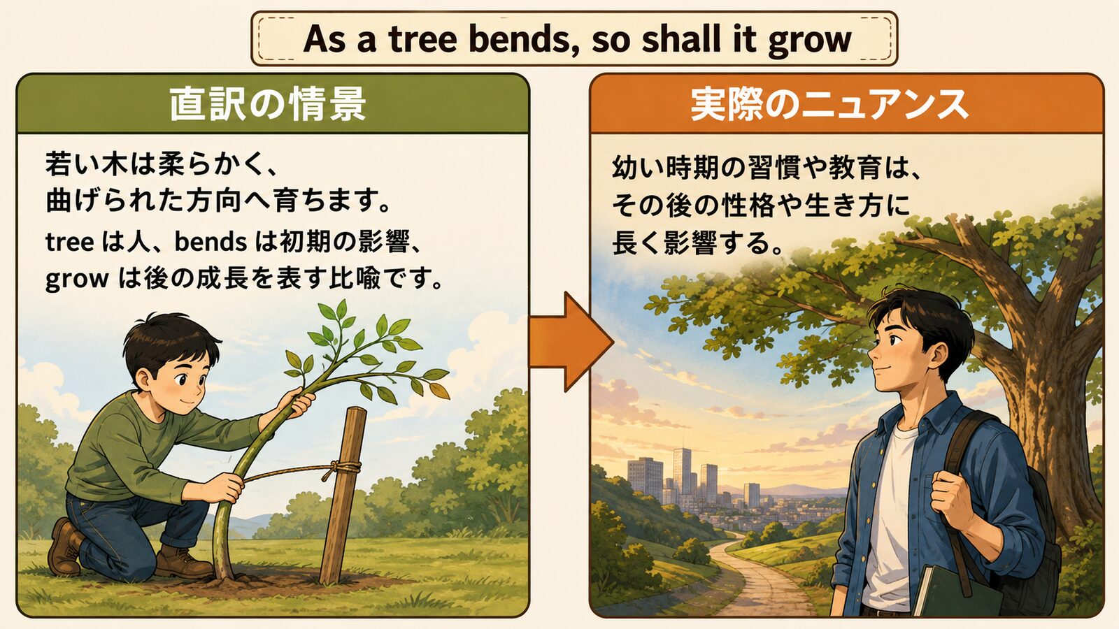 As a tree bends, so shall it growの直訳と実際のニュアンスを説明する図