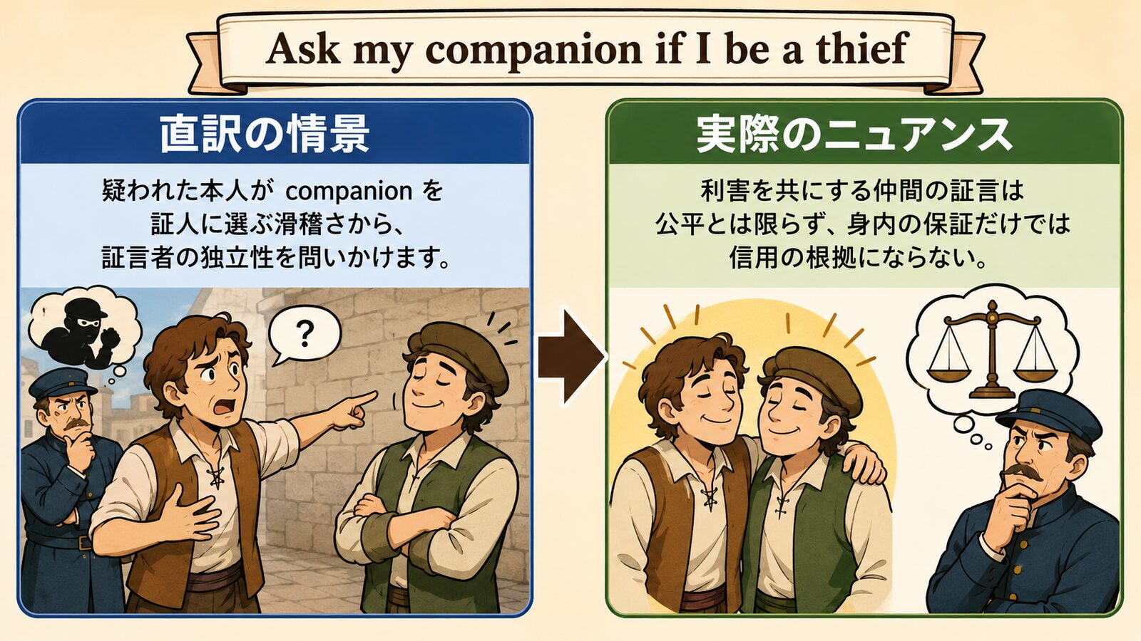 Ask my companion if I be a thiefの直訳と実際のニュアンスを説明する図