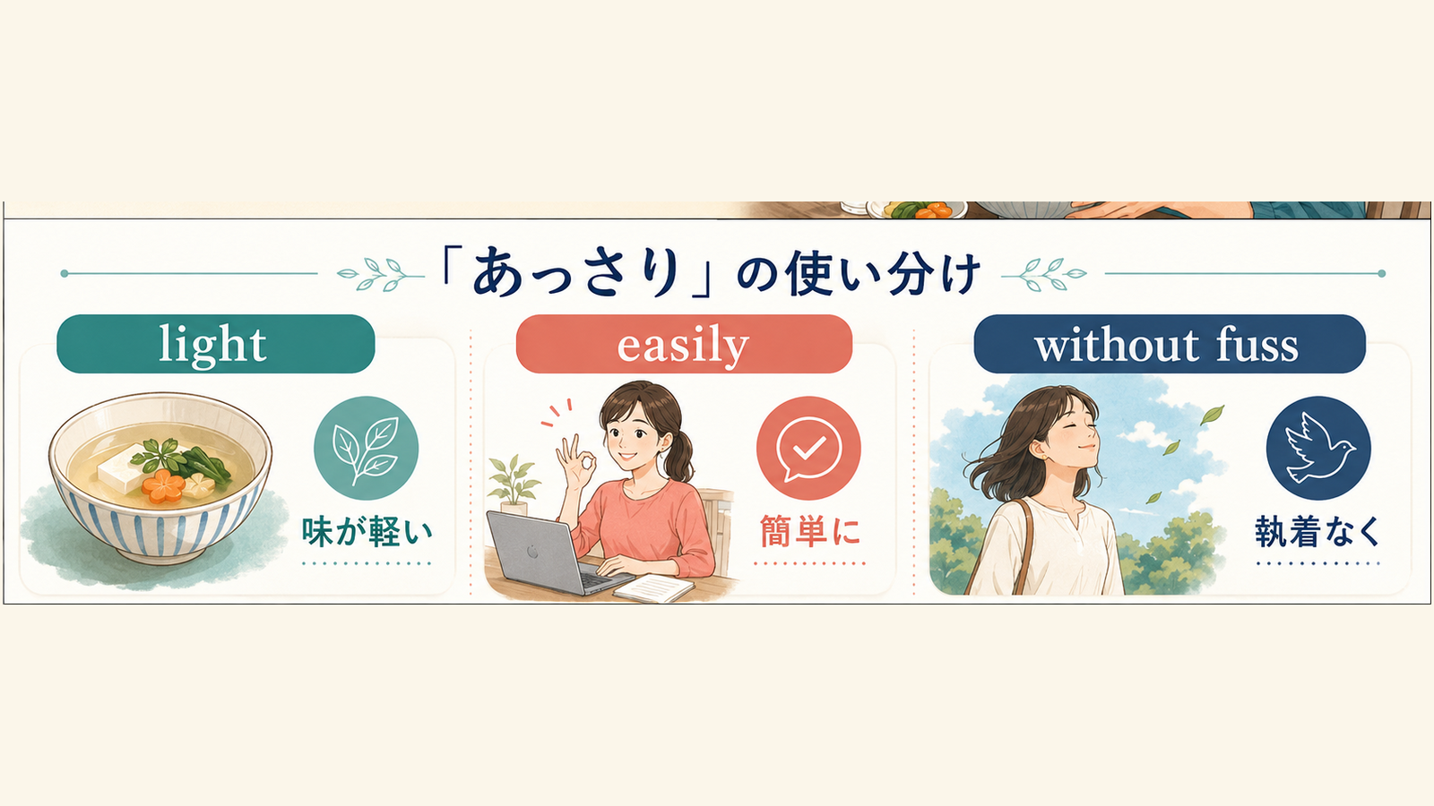 「あっさり」を表す英語3表現の場面別比較