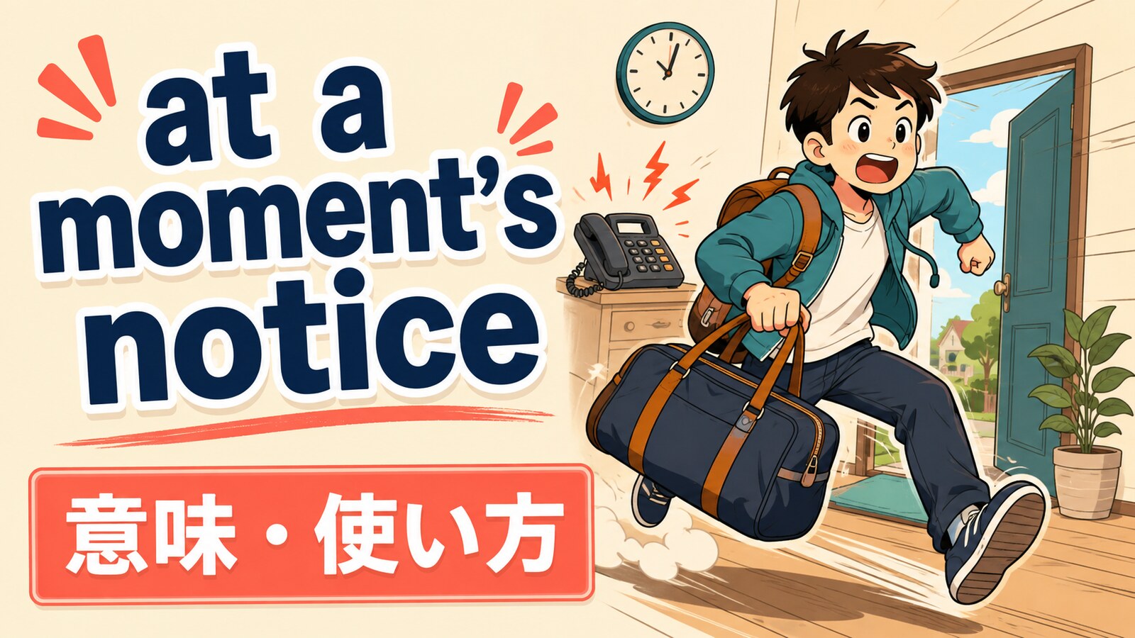 at a moment's noticeの意味・使い方を解説するアイキャッチ画像