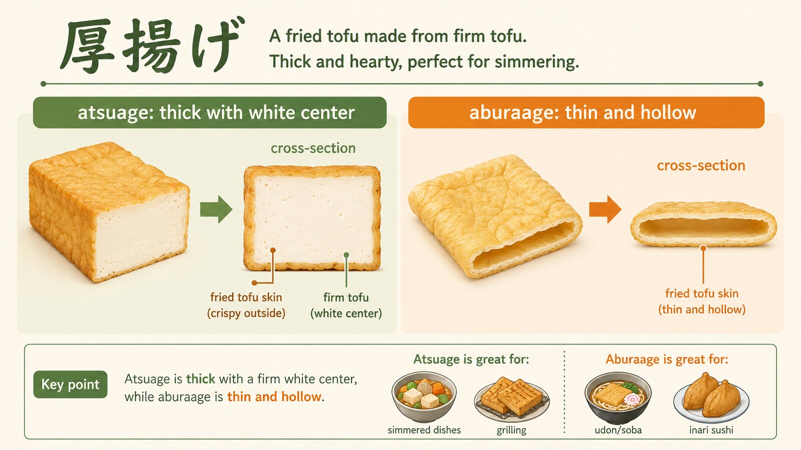厚揚げの原料・加工方法・似た食品との違いを示す英語教材図