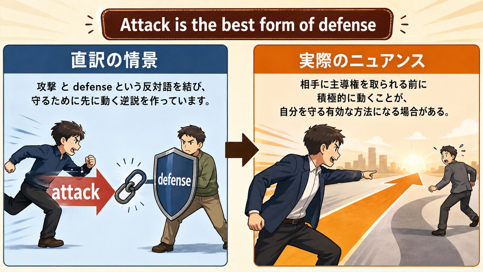 Attack is the best form of defenseの直訳と実際のニュアンスを説明する図