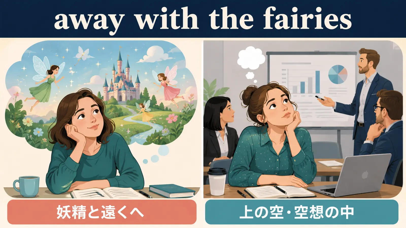 away with the fairiesの直訳イメージと実際の意味の比較図