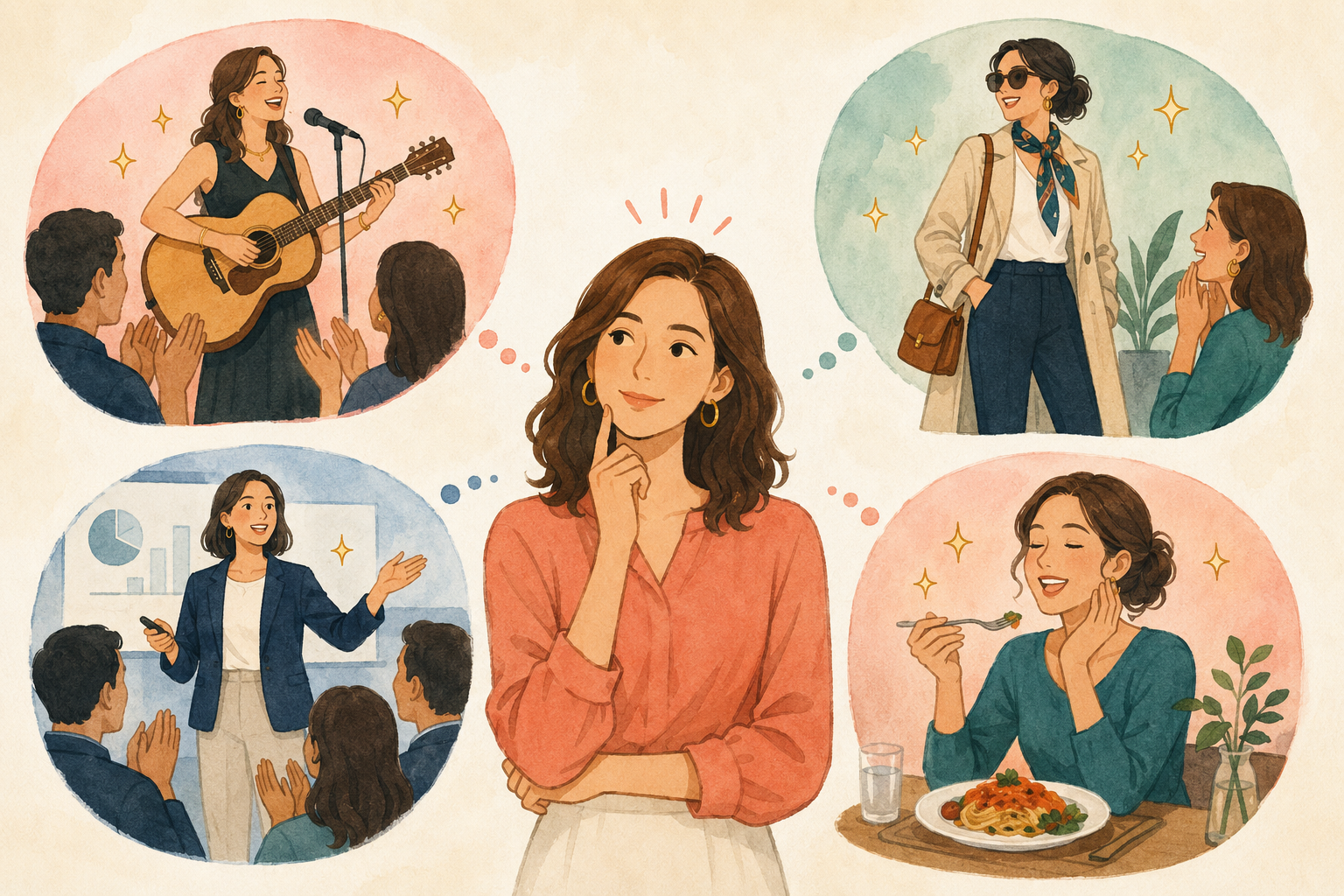音楽・ファッション・プレゼン・料理を褒める英語表現を選ぶ女性のイラスト