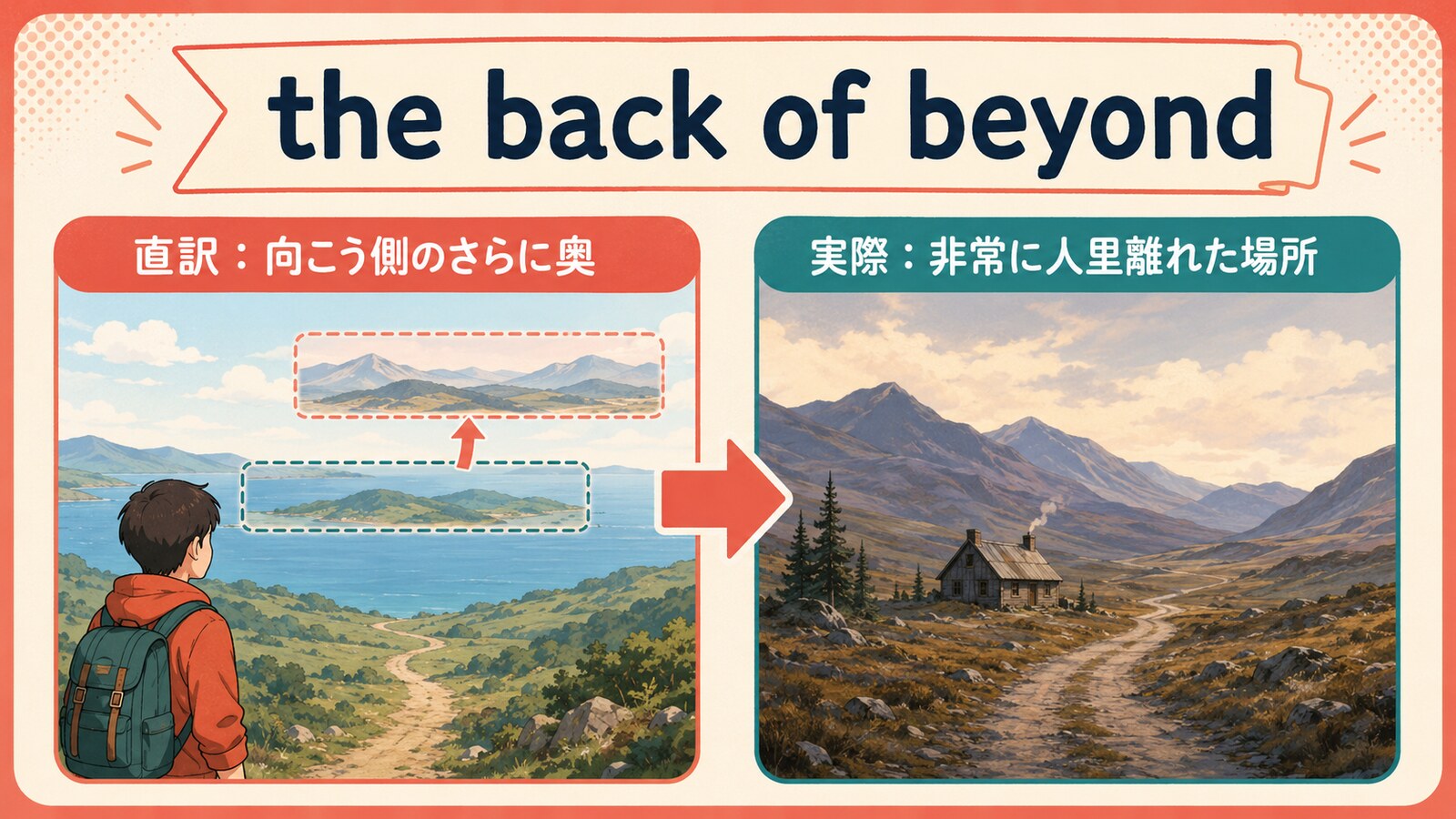 the back of beyondの直訳と実際の意味を比較する解説イラスト