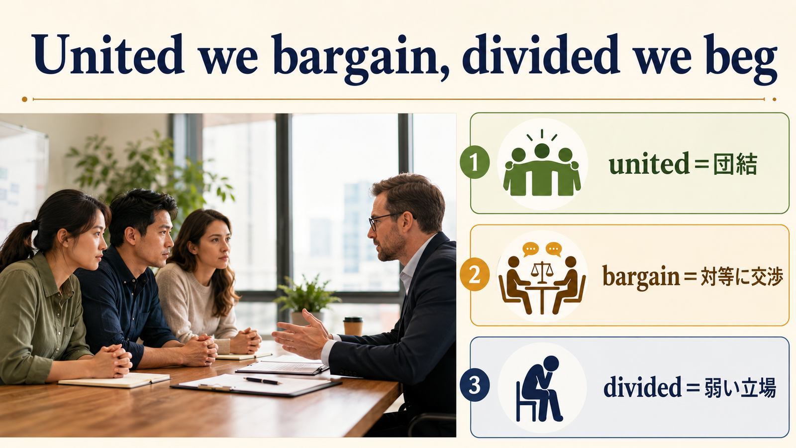 United we bargain, divided we begの直訳と実際のニュアンスを比較した解説イラスト