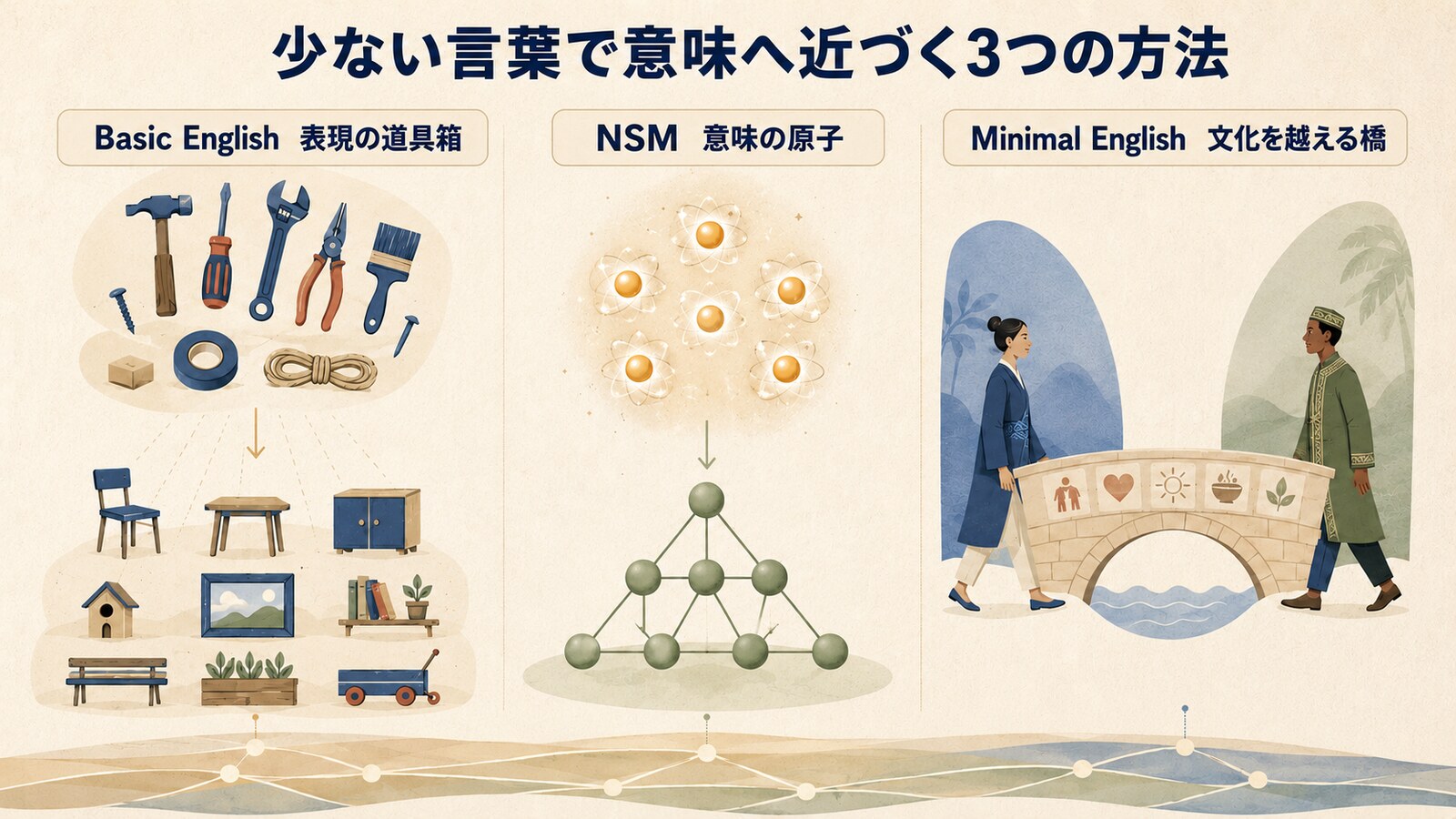 道具箱、意味の原子、異文化をつなぐ橋で三体系の違いを示した図
