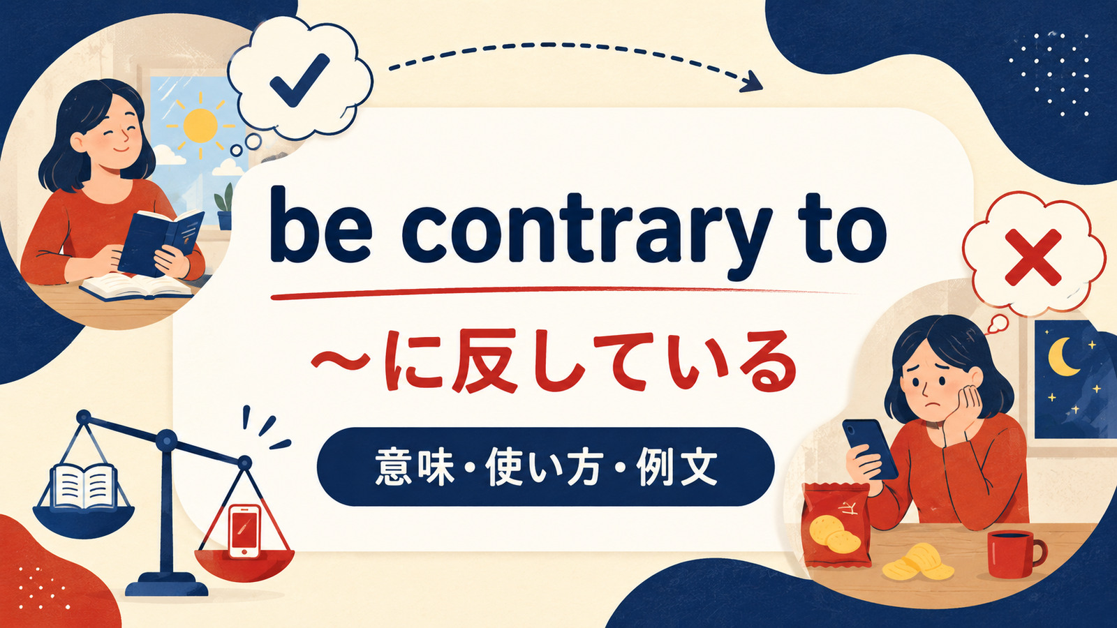 be contrary toの意味「〜に反している・〜と食い違う」と使い方を解説するアイキャッチ画像