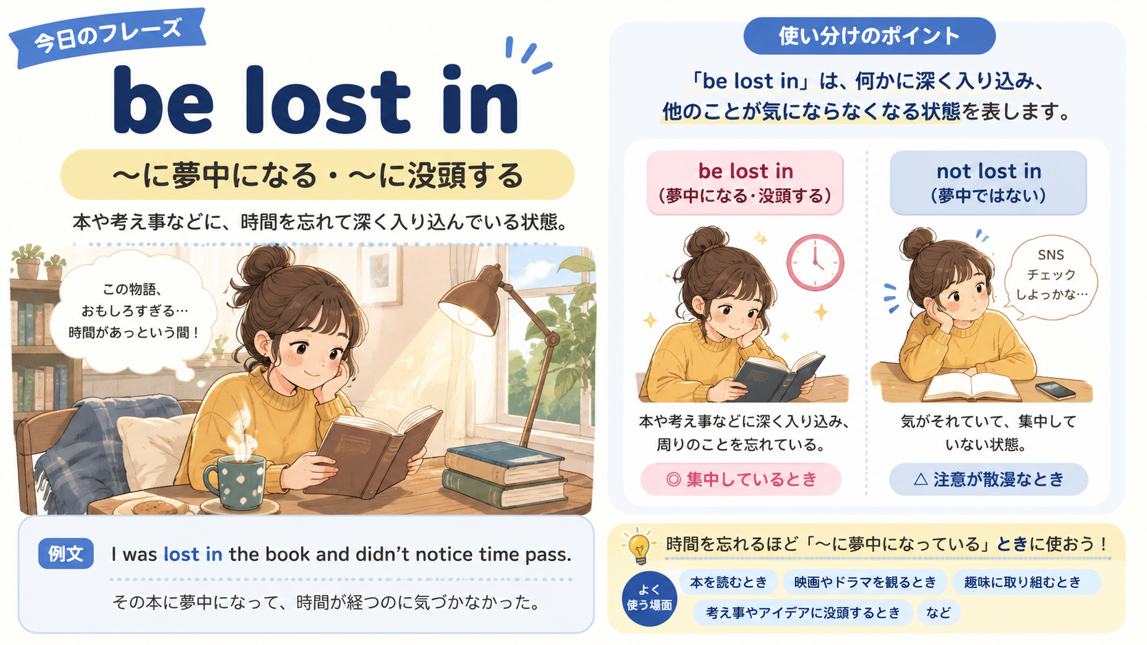 be lost inの意味と使い方を示す解説イラスト