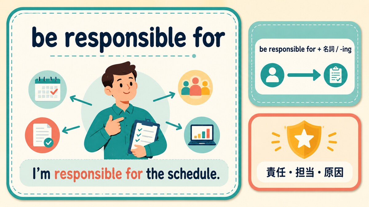 be responsible forの語順とニュアンスを解説するイラスト
