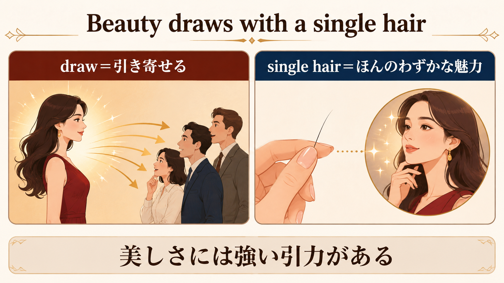 魅力がごく小さな力でも人を引きつけるという比喩の図