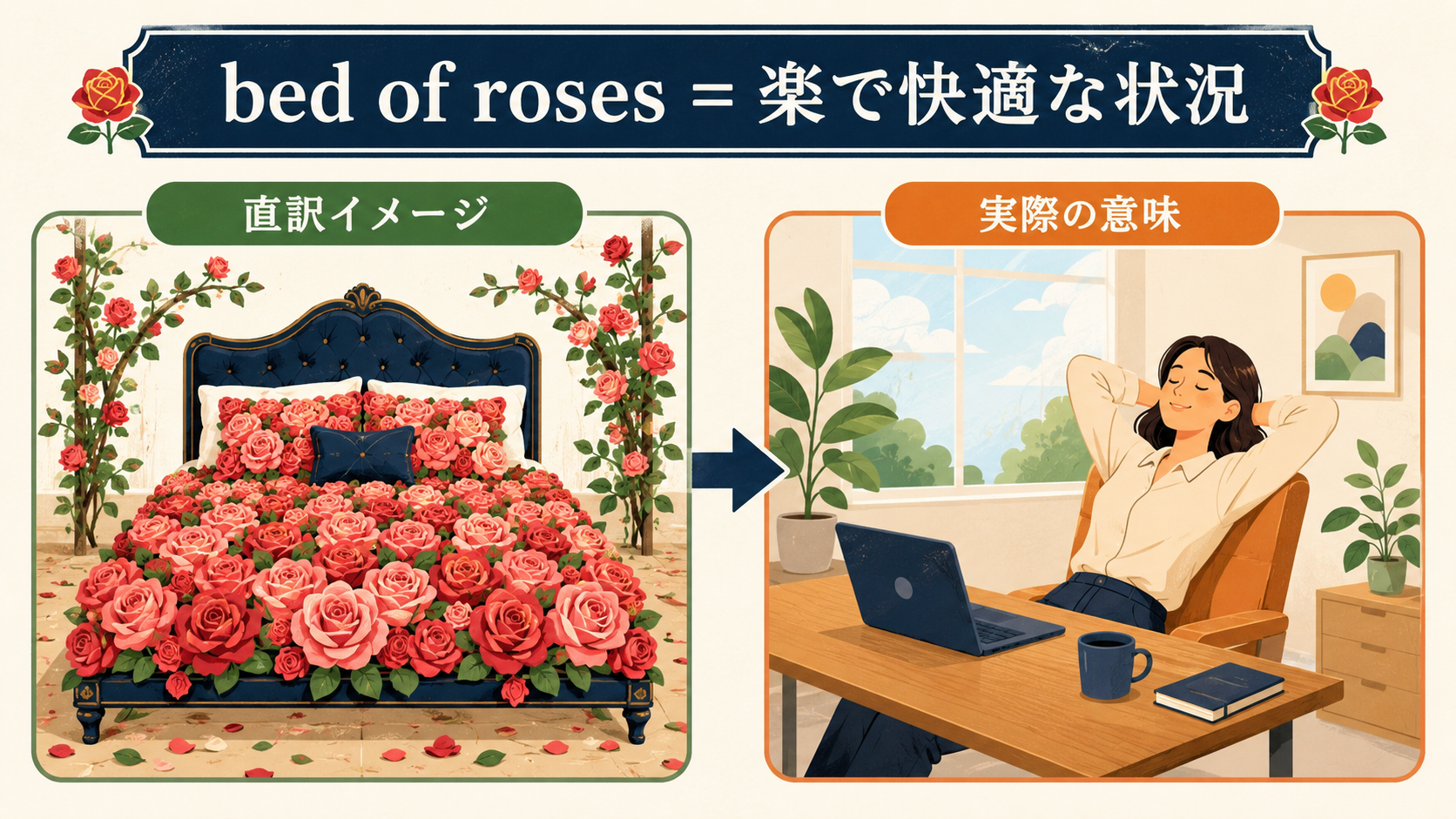bed of rosesの直訳イメージと実際の意味を比較したイラスト