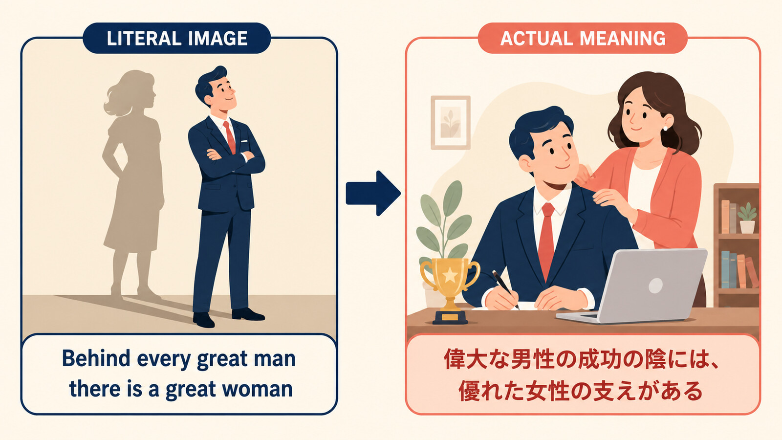 Behind every great man there is a great womanの直訳イメージと実際の意味を比較した解説