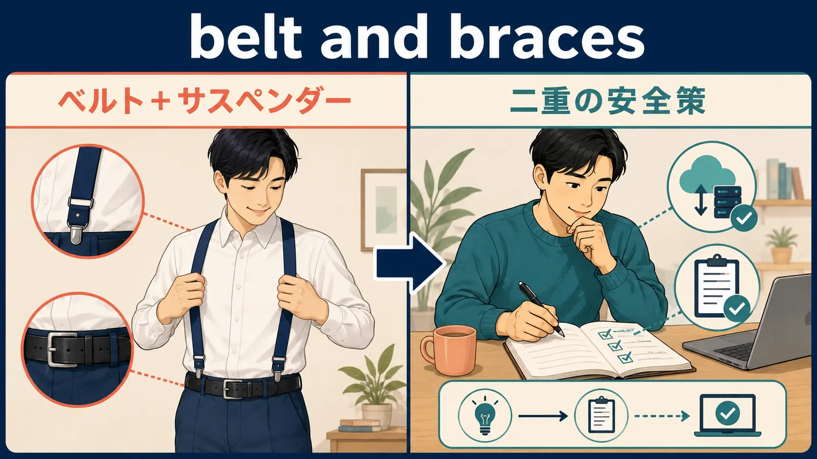 belt and bracesの直訳イメージと実際の意味の比較図