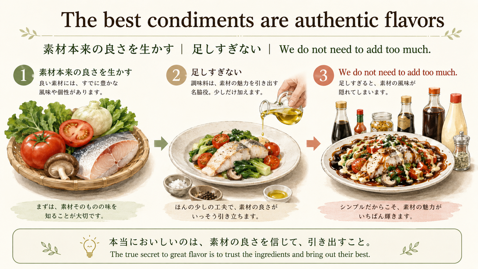 The best condiments are authentic flavors の意味・使い方｜ニュアンスと例文を解説
