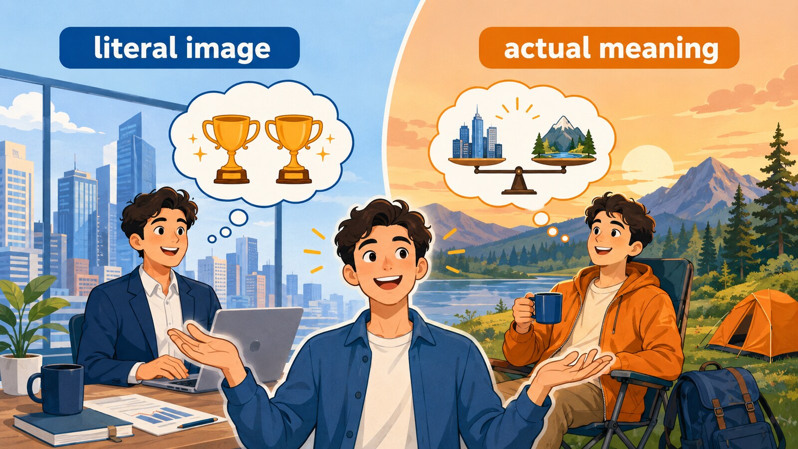 have the best of both worldsの直訳イメージと実際の意味を比較する解説イラスト