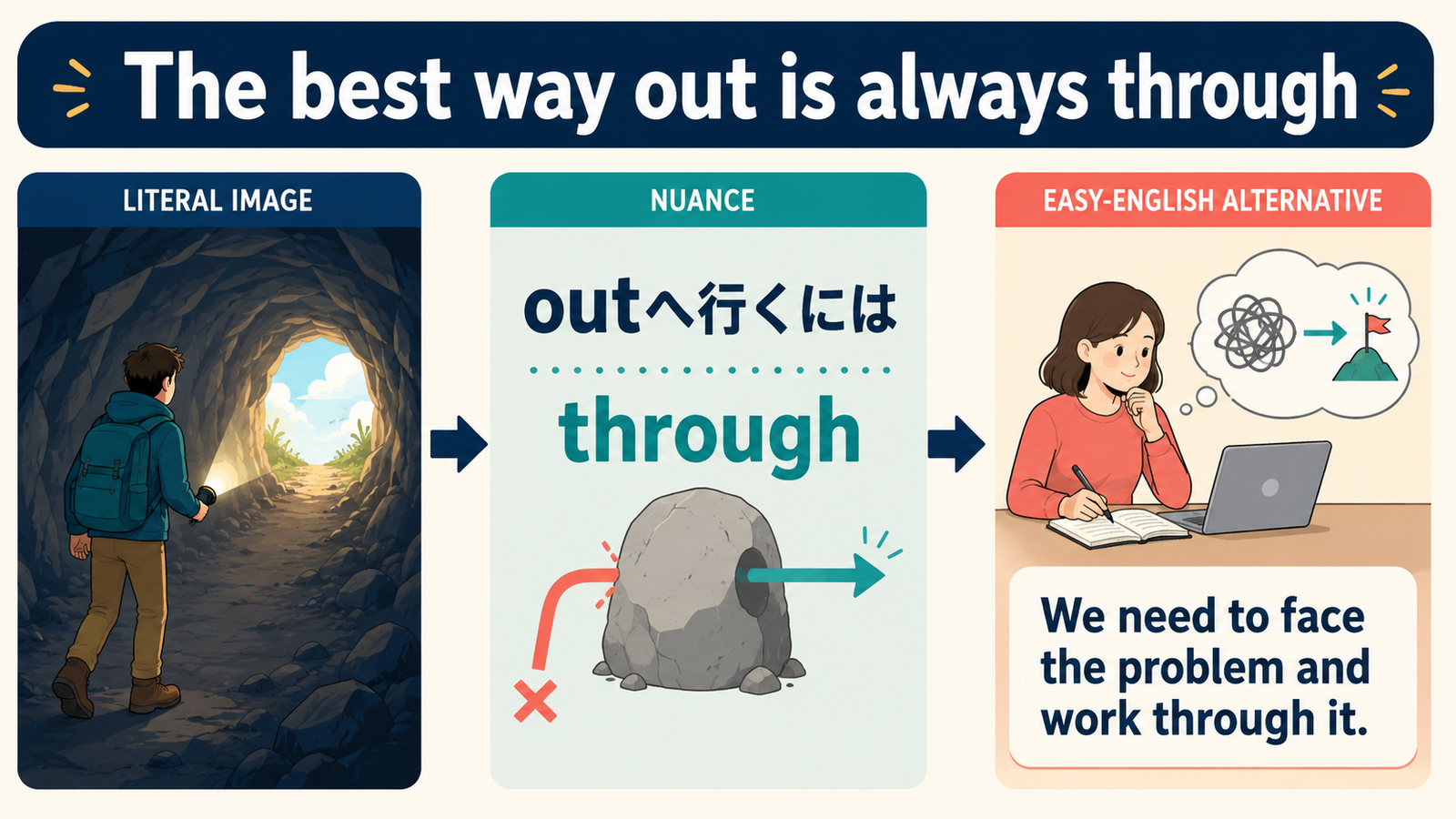 The best way out is always throughの意味・使い方｜ニュアンス・例文・簡単な言い換え