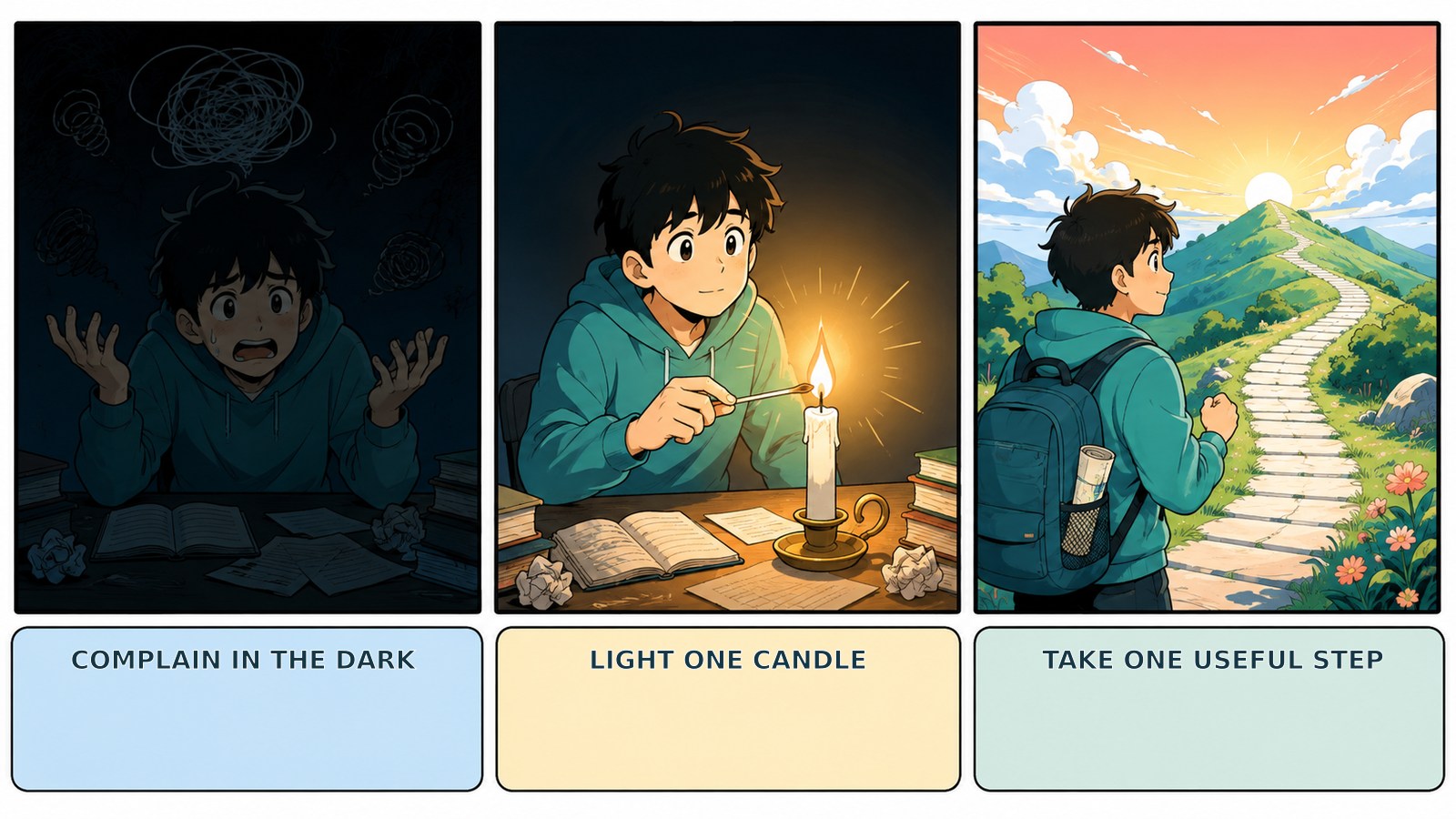 It is better to light a candle than to curse the darkness.の直訳・実際の教訓・簡単な言い換えを比較した図