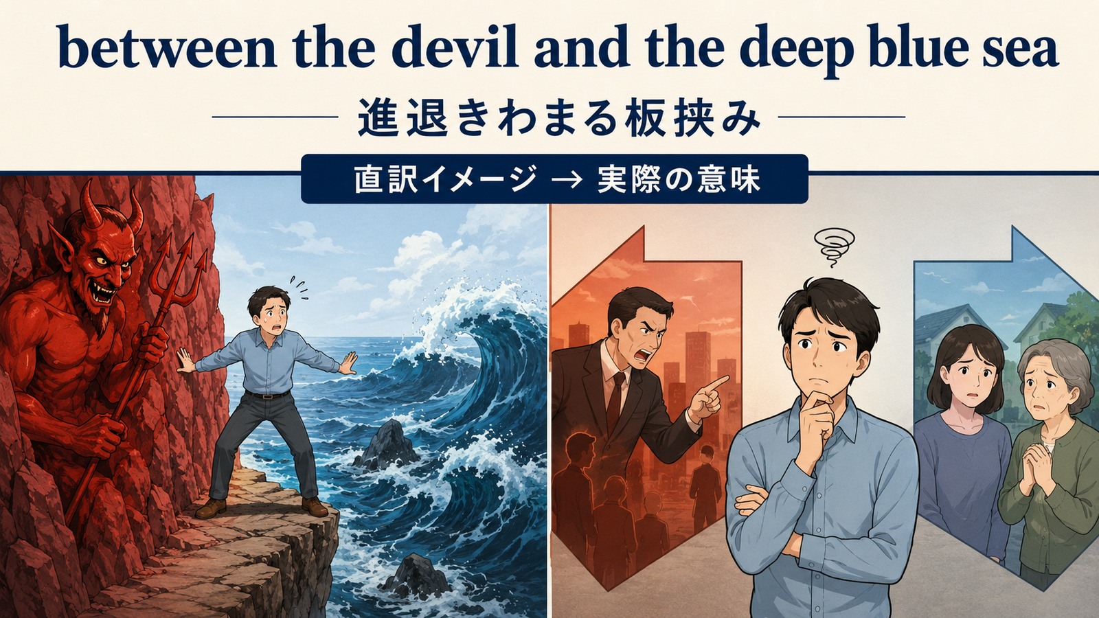 between the devil and the deep blue seaの直訳イメージと実際の意味を比較した解説イラスト