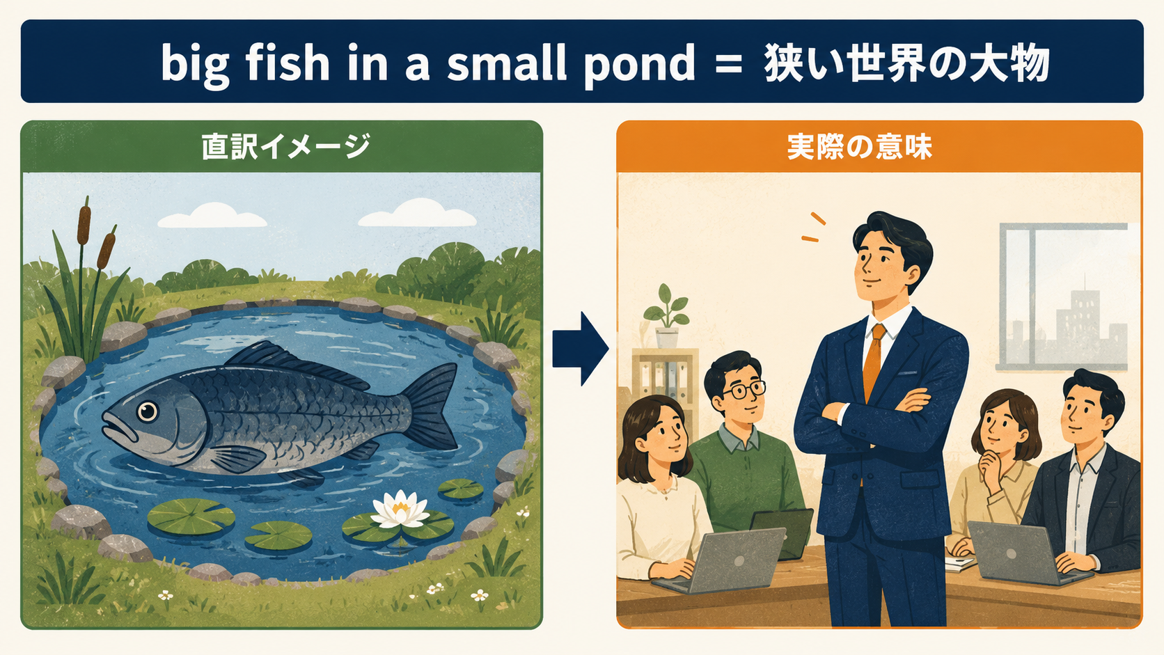 big fish in a small pondの直訳イメージと実際の意味を比較したイラスト