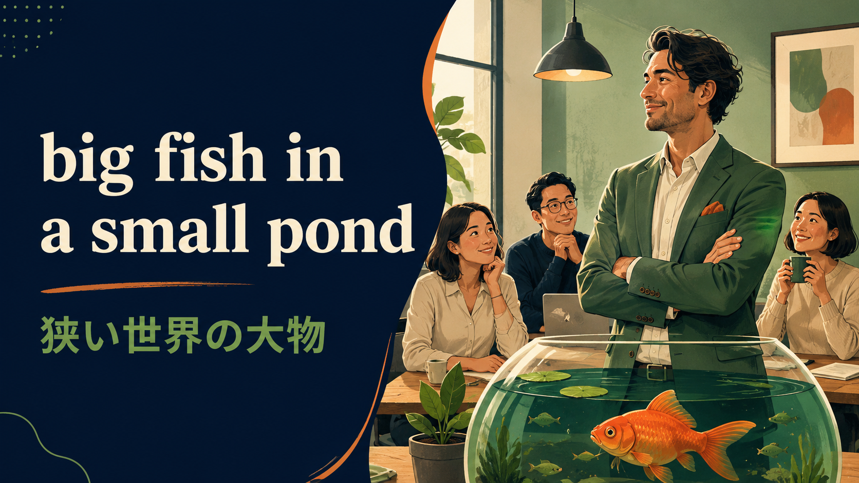 big fish in a small pondの意味は？「狭い世界の大物・小さな集団で目立つ重要人物」の使い方・ニュアンスと例文