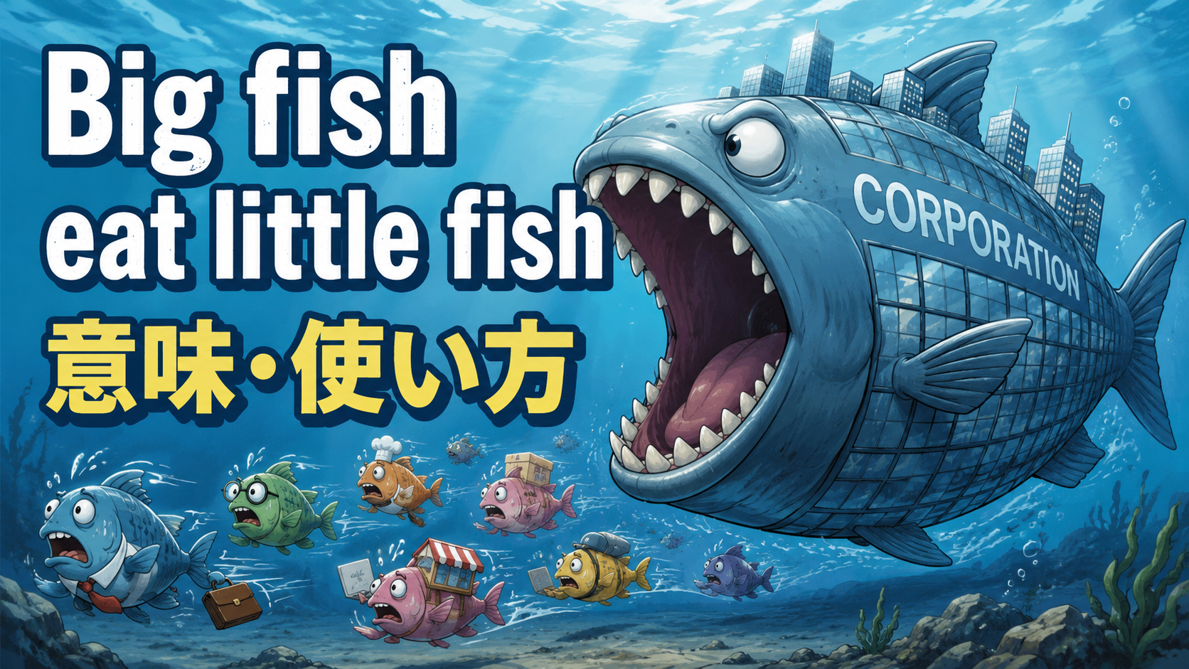 Big fish eat little fishの意味・使い方を解説するアイキャッチ画像