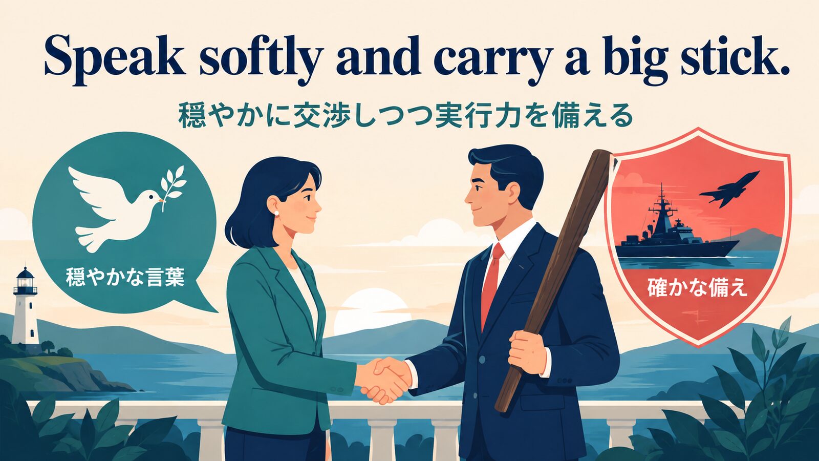 Speak softly and carry a big stick.の直訳と実際の意味を比較した解説イラスト