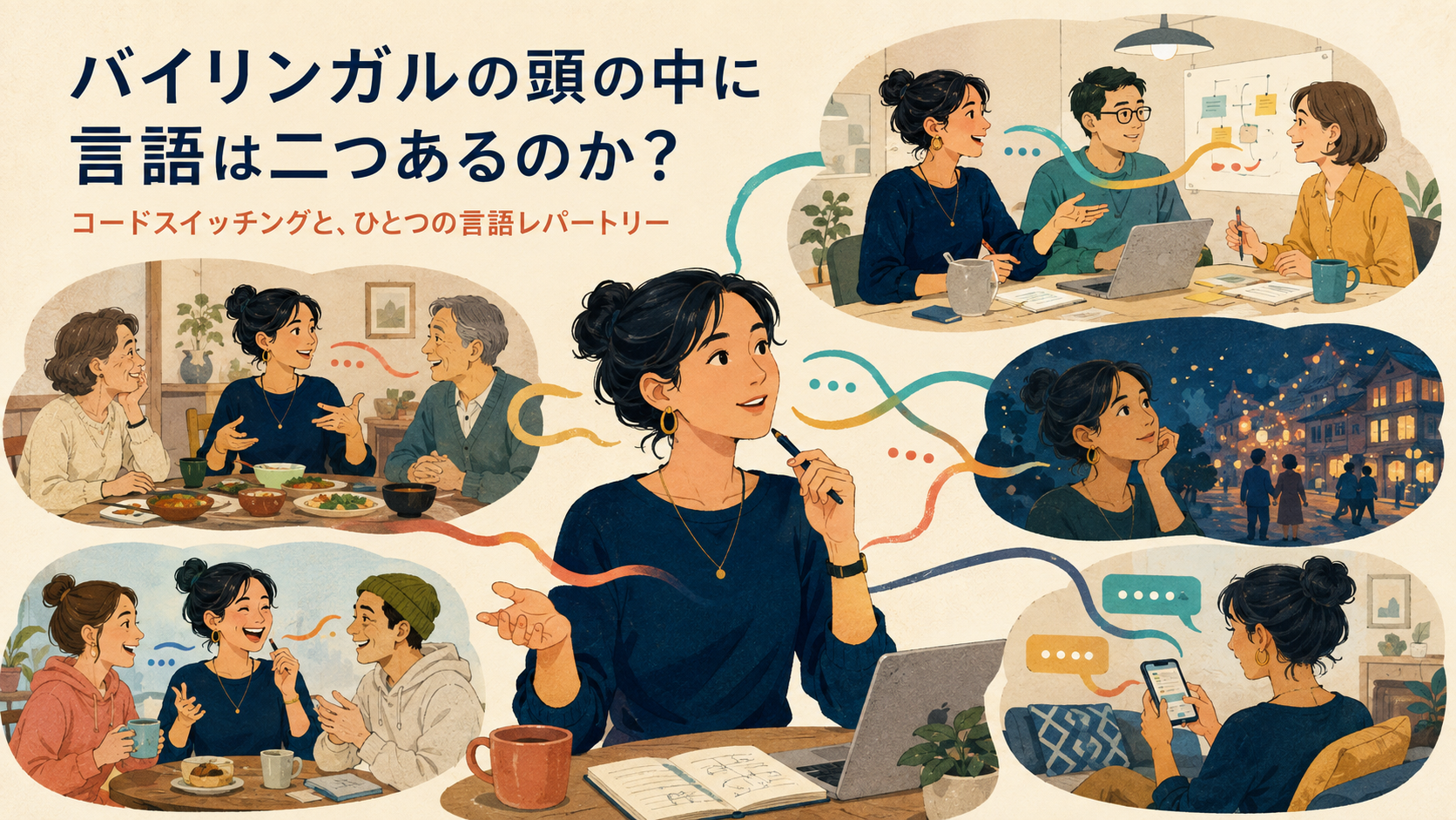 一人のバイリンガルが家族・仕事・友人などの場面で言語資源を使い分ける様子